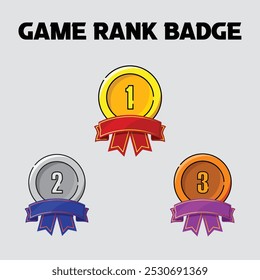 Game Rank Badge set illustration with an outline style, cartoons style, and with ribbon at the below.