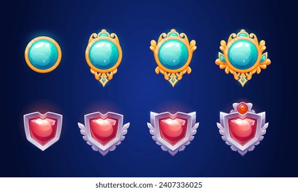 Las insignias de rango de juego se establecen en segundo plano. Ilustración vectorial de botones gemelos azules y rojos decorados con marcos dorados y plateados, icono de progreso de nivel, emblema de clasificación, diseño de trofeos de guerra