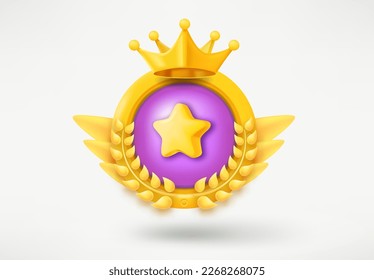 Game rank emblem with star and wreaths. Game achievement 3d badge isolated on white background