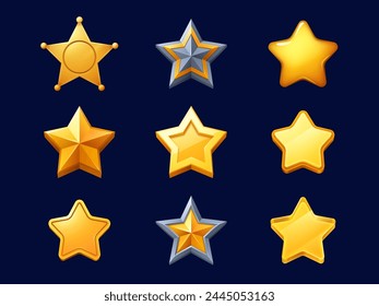 Game rank golden stars, cartoon icons denoting player success, achievement or level up progression, skills, awards or completion, enhancing the gaming experience. Vector set of gold gui stars set