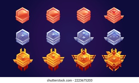 Game rank icons, bronze, silver and gold level badges evolution. Metallic ui hexagon medals with military stars and wings. Isolated metal reward, trophy achievement graphic elements vector set for rpg