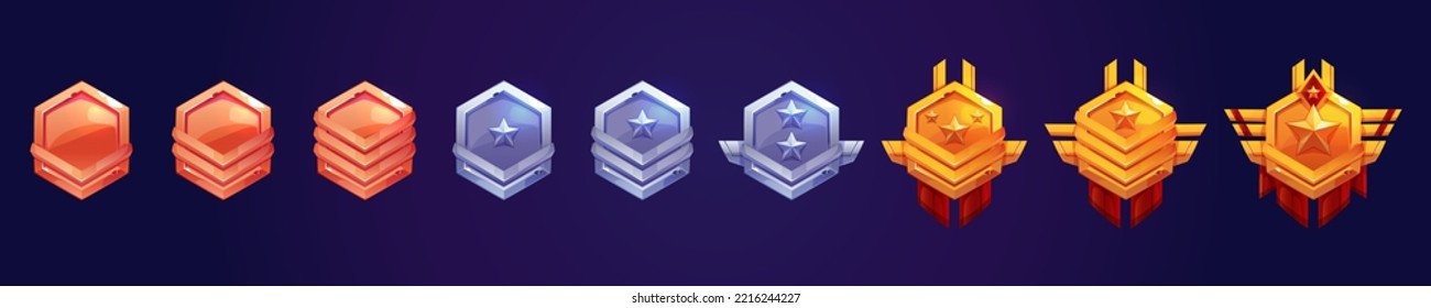 Iconos de rango de juego, insignias de nivel, etiquetas de bronce, plata y oro en hexágono ui metálico con estrellas y alas militares. Premios de metal aislado o elementos gráficos de bonificación, recompensa, logro trofeo Juego de vectores