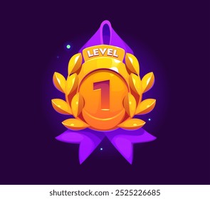 Game rank level up badge icon, victory shield adorned with laurel leaves and a purple ribbon. Cartoon vector game asset, trophy, winner reward symbolizing achievement and progression in gaming