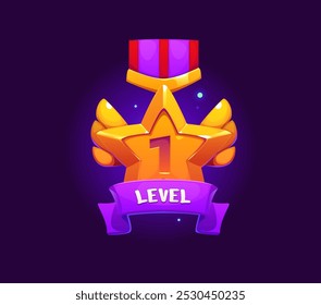 Game rank level up badge icon or victory shield of golden star medal, vector banner. Level 1 achievement or mission complete badge with ribbon, wings and gold star medal for arcade video game award