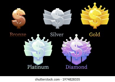 Game Rank Reward Star, gold, silver, platinum, bronze, diamond icons for game.