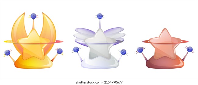 Rango de juego, clasificación de estrellas para completar niveles. Estrella dorada, plateada y de bronce con planetas para el diseño de ui de juegos espaciales. Ilustración vectorial de dibujos animados. Premio de nivel