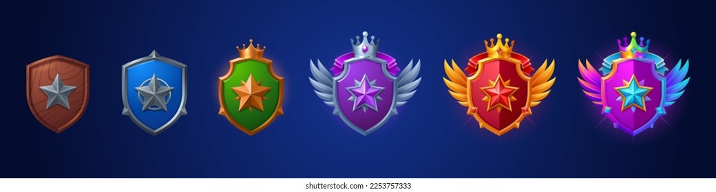 Game ranking badges with shields with star. Level achievement icons with wooden, metal, bronze, silver and gold award medals isolated on background, vector cartoon illustration