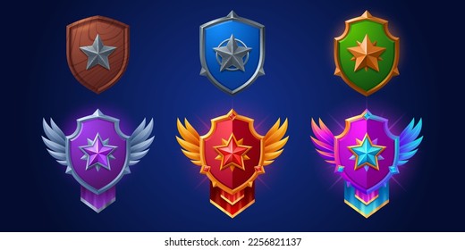 Bandas de clasificación de juegos con escudos con estrella. Iconos de logro de nivel con medallas de madera, metal, bronce, plata y oro aisladas en fondo, ilustración de dibujos animados vectoriales