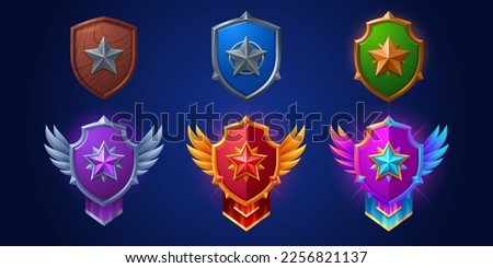 Game ranking badges with shields with star. Level achievement icons with wooden, metal, bronze, silver and gold award medals isolated on background, vector cartoon illustration