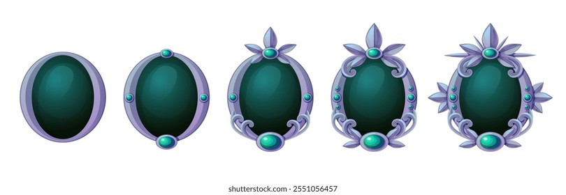 Sistema de classificação de jogos com quadros prateados e cristais verdes. Progresso de distintivos de prêmio de simples a complexo com padrões florais, elementos curvos, picos decorativos. Fantasia rpg conquista interface.