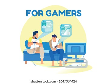 Game Rating and Hud Interface For Gamers. Flat Cartoon Male Friends Playing Video Games at Home. Look Over Information and Choose Car for Competition on UI Screen Dashboard. Vector Illustration