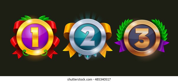 Game Rating Icons With Medals.  Level Results Vector Icon Design For Game, Ui, Banner, Design For App, Interface, Game Development, Playing Cards, Slots And Roulette. 1,2,3 Place Icon