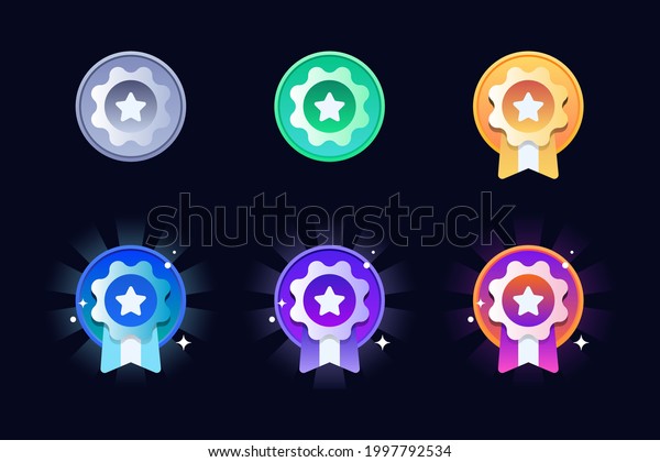 Game rating icons with medals. Level results\
vector icon design for the game, UI, banner, design for app,\
interface, game development, playing cards, slots and roulette,\
Game medal design.