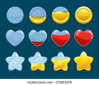 Game rating icons set of coin heart and star with different level of fullness isolated vector illustration