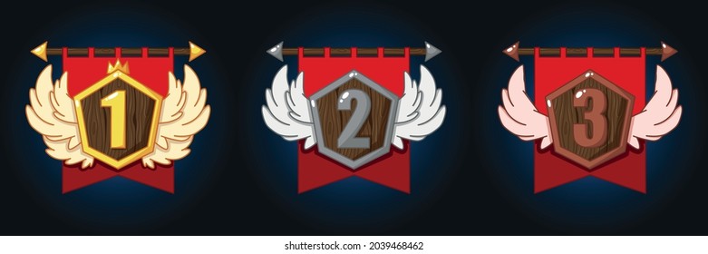 Game rating icons with wooden shields and wings on red flag, ribbon. Level results vector icon design for game development, ui, interface. 1st , 2nd, 3rd place icon. Isolated on a separate layer.
