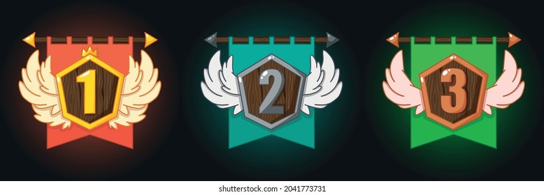 Game rating icons with wooden shields and wings on colorful flags. Level results vector icon design for game interface. Three place ui icons: 1st on red flag, 2nd on blue flag, 3rd on green flag.