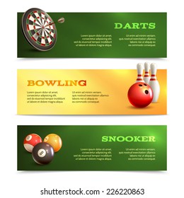 Game realistic horizontal banner set with bowling snooker darts isolated vector illustration