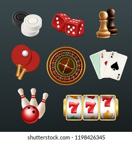 Game realistic icons. Poker dice bowling gambling domino web casino symbols vector illustrations isolated. Chess and tennis ping pong, luck chance and risk