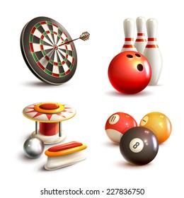 Game realistic icons set with bowling pinball billiard darts isolated vector illustration