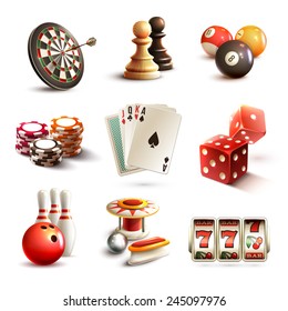 Game realistic icons set with casino sport and leisure games isolated vector illustration