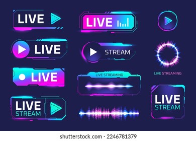 Game recording buttons. Gaming air live, online radio stream gamers twitch broadcast equipment streamer future technology, neon screen overlay panels media show vector illustration of air online video