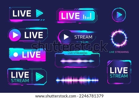 Game recording buttons. Gaming air live, online radio stream gamers twitch broadcast equipment streamer future technology, neon screen overlay panels media show vector illustration of air online video