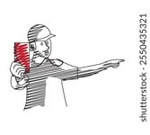 Game referee showing red card, illustration in scribble or hand drawing style, football. vector illustration.