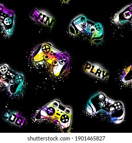 Game repeat print. Grunge textured teenagers endless ornament. Gamepad seamless pattern. Joystick silhouette shabby signs.