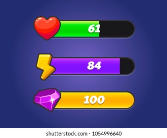 Game Resources Icons with Progress Bars. Vector GUI elements for games. Game ui set. Graphical user interface GUI to build 2D games. Casual Game. Vector. Can be used in mobile or browser games.
