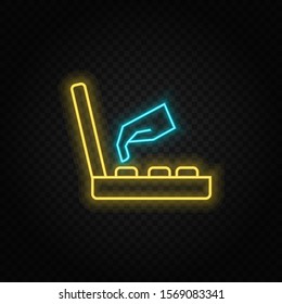 Game retro console, arcade, hand neon icon. Blue and yellow neon vector icon.