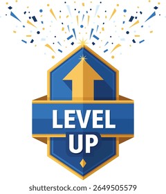 Game Reward Level Up Badge Vector with Arrow and Ribbon