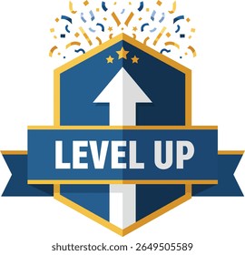 Game Reward Level Up Badge Vector with Arrow and Ribbon
