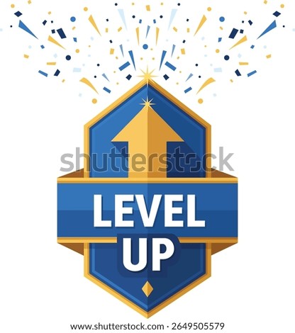 Game Reward Level Up Badge Vector with Arrow and Ribbon