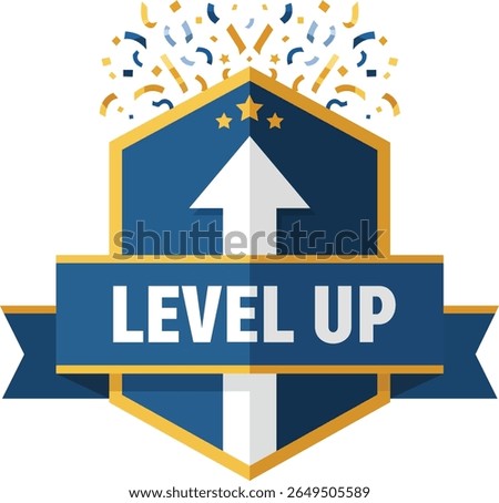 Game Reward Level Up Badge Vector with Arrow and Ribbon