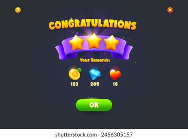 Game reward screen with bonuses and assets achieved summary, vector UI or GUI element. Game level completed congratulations and achievement rewards of life heart, and gold coins for interface screen