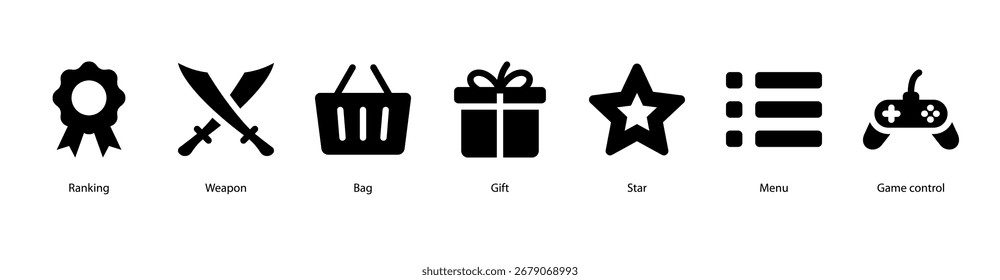 Game and Rewards web banner vector illustration featuring Ranking, Weapon, Bag, Gift, Star, Menu, and Game Control for online gaming and achievements.