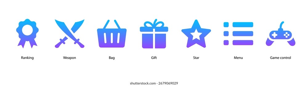 Spiel und Belohnungen Web-Banner Vektorgrafik mit Ranking, Waffe, Tasche, Geschenk, Stern, Menü und Spielkontrolle für Online-Spiele und Erfolge.