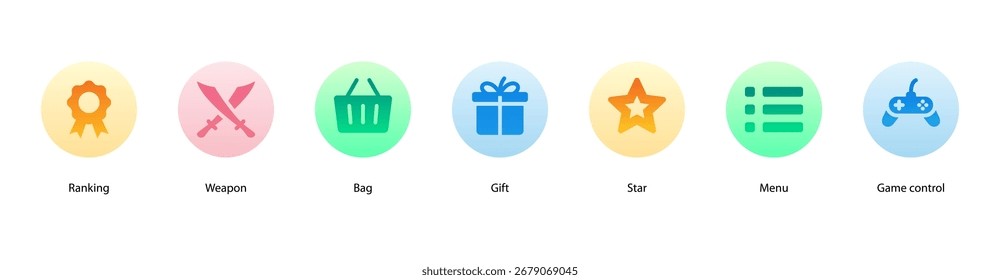 Game and Rewards web banner vector illustration featuring Ranking, Weapon, Bag, Gift, Star, Menu, and Game Control for online gaming and achievements.
