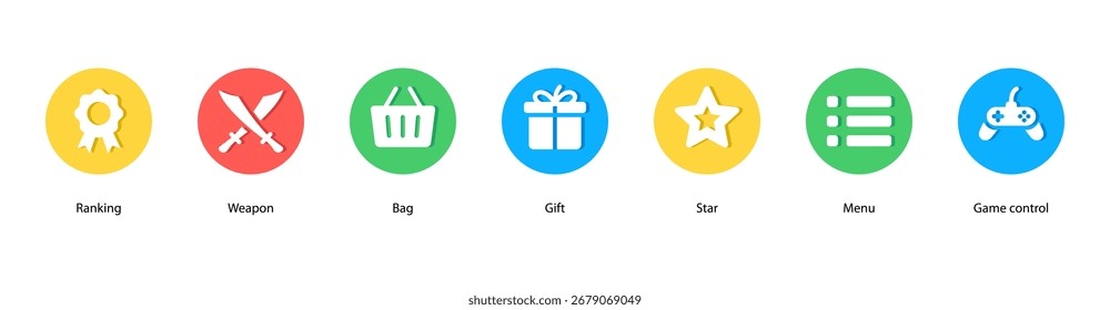 Ilustración vectorial de Anuncio de Web de juego y recompensas con clasificación, arma, bolsa, regalo, estrella, menú y control del juego para juegos en línea y logros.