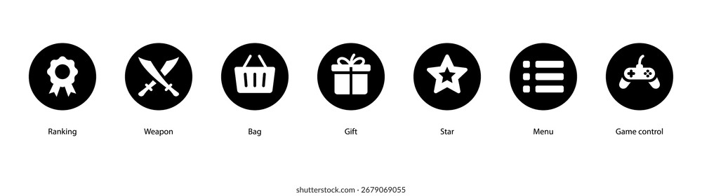 Game and Rewards web banner vector illustration featuring Ranking, Weapon, Bag, Gift, Star, Menu, and Game Control for online gaming and achievements.