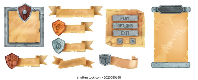 Game ribbon parchment UI set, vector ancient paper menu frame kit, isolated old papyrus banner. User interface medieval manuscript sign board, wooden shield, stone button. Game parchment badge 