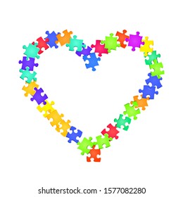 Game riddle jigsaw puzzle rainbow colors parts vector illustration. Top view of puzzle pieces isolated on white. Cooperation abstract concept. Game and play symbols.