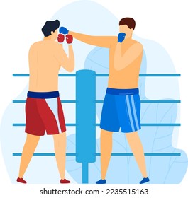 Game ring, fight man, boxer gloves, blue, red match, two men, kick training people, design, flat style vector illustration.
