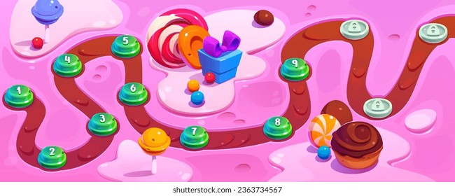 Game road map with level indicators on pink background. Cartoon vector illustration of gui design with sweet desserts, cakes and candies, gift box with bow, path way with platform for each stage.