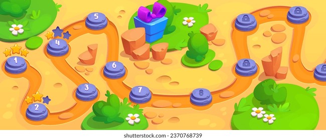 Game road map with level indicators. Sand desert with green grass and plants islands, gift box with bow, path way with stone platform for each stage. Cartoon vector illustration of gui design.