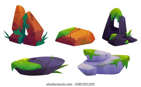 Game rock collection with moss covered stones - colorful cartoon boulders, cliffs and platforms in brown and grey colors. Natural environment elements with grass patches for landscape design.