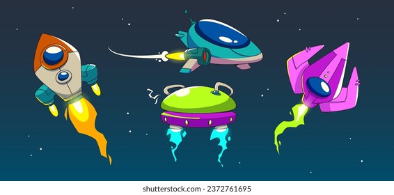 Game rocket spaceship with fire trail cartoon. Alien reactive ship in space childish design illustration. Cosmic spacecraft launch with green takeoff flame tail. Speed galaxy adventure in starry sky