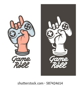 Game and roll t-shirt design. Oldschool video games related poster. Hand with joystick in rock on gesture. Vector vintage illustration.