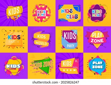 Game room banner. Kids zone emblem, preschool playground logo. Camping or kindergarden design elements, childish fun stickers decent vector set