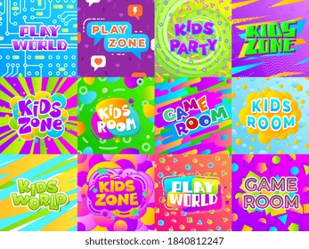 Game room banners. Kid fun signs, child playground play area stickers. Color typography entertainment labels, children club vector posters